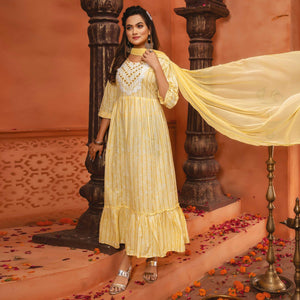 Light Yellow Printed-Embroidered Cotton Blend Gown With Dupatta