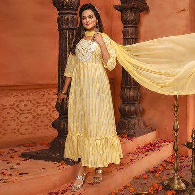 Light Yellow Printed-Embroidered Cotton Blend Gown With Dupatta
