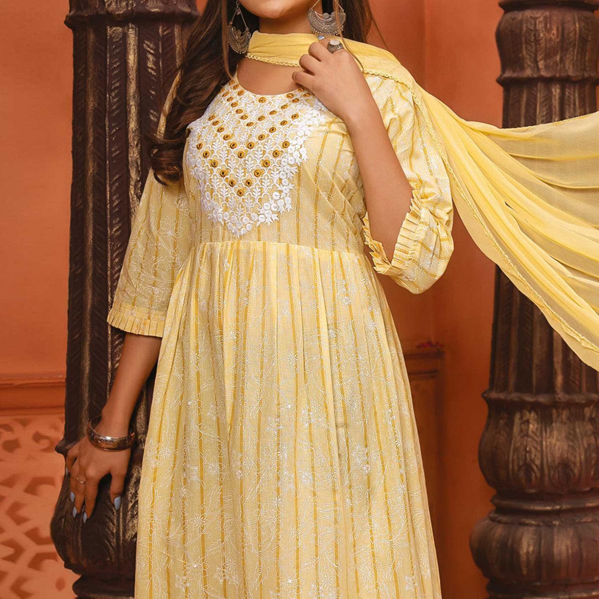 Light Yellow Printed-Embroidered Cotton Blend Gown With Dupatta