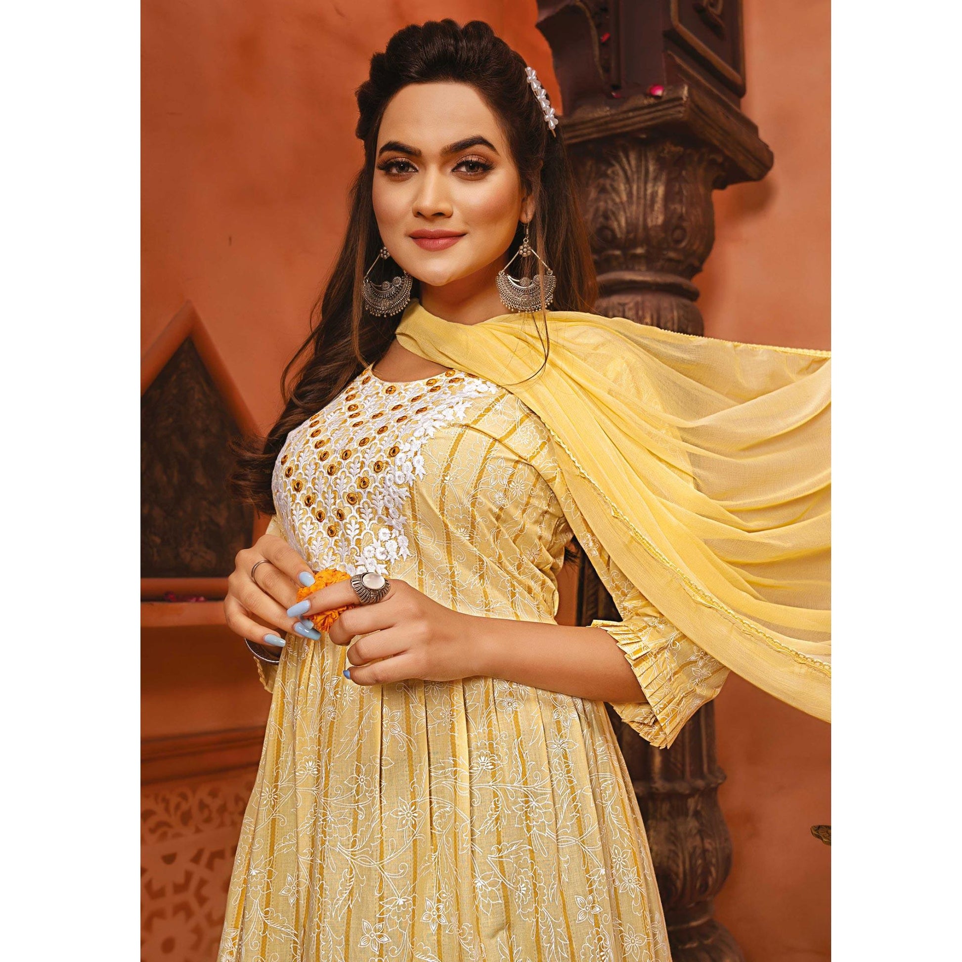 Light Yellow Printed-Embroidered Cotton Blend Gown With Dupatta
