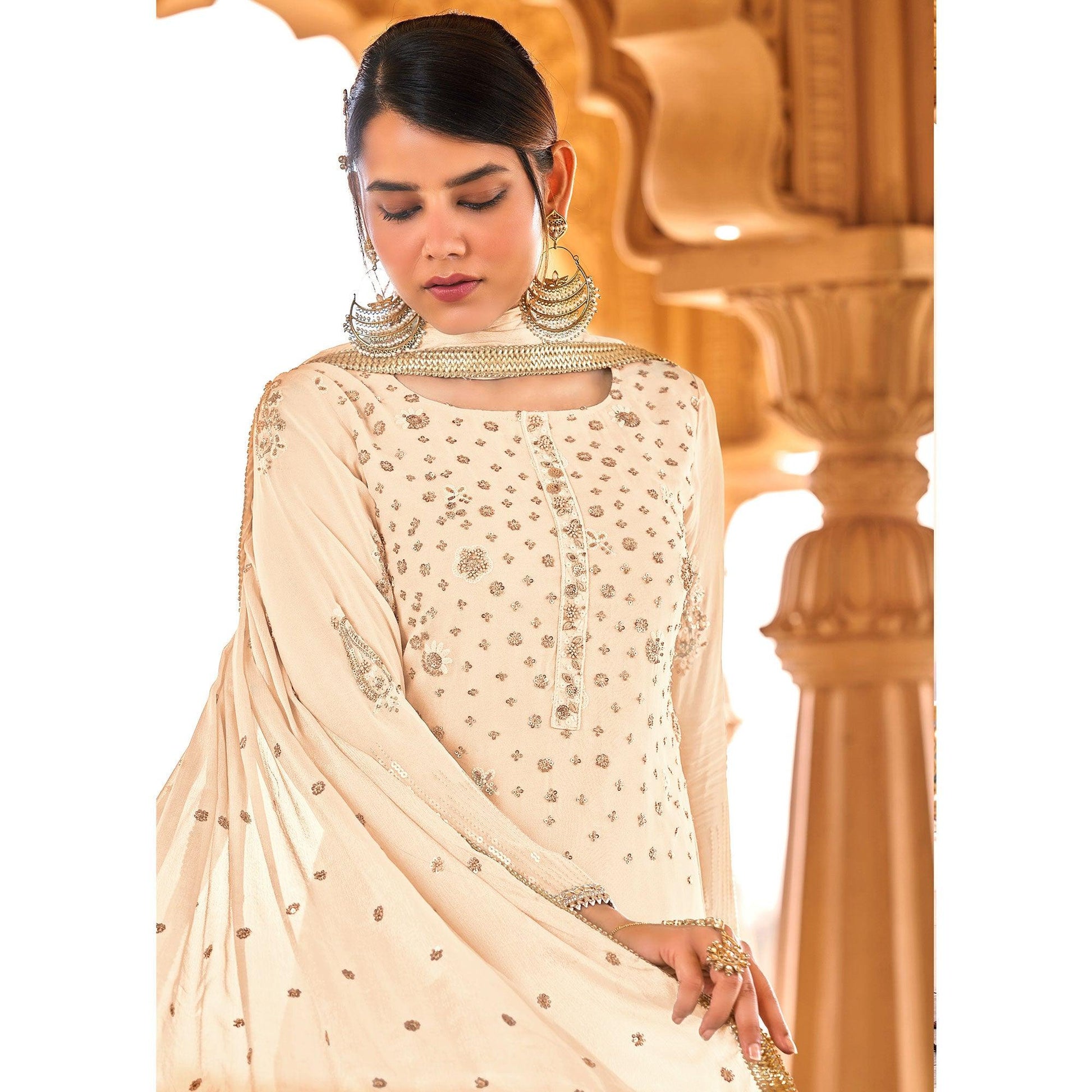 Light Yellow Sequins Embroidered Georgette Suit
