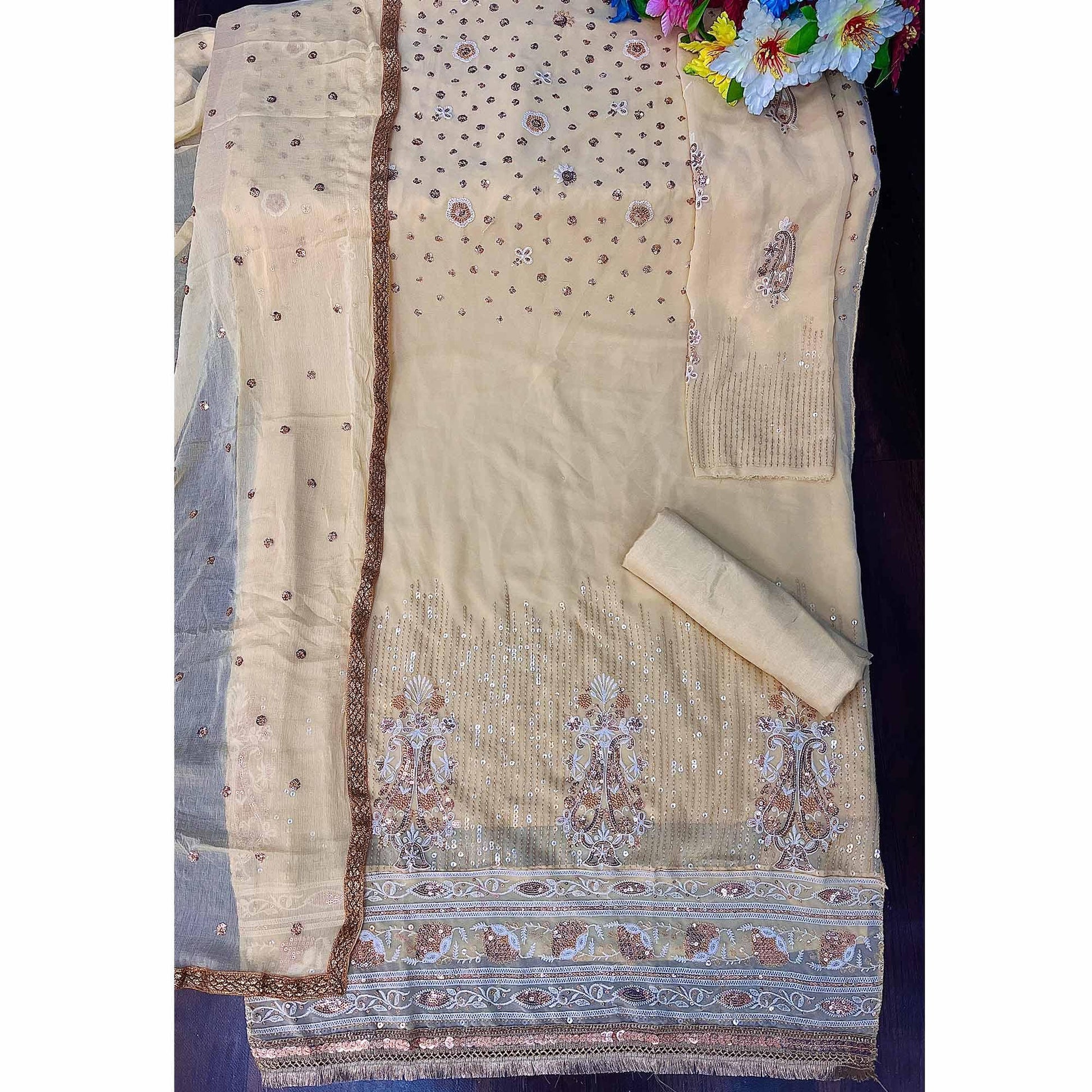 Light Yellow Sequins Embroidered Georgette Suit