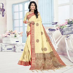 Light Yellow Woven Cotton Silk Saree With Tassels