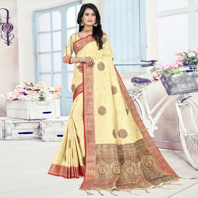 Light Yellow Woven Cotton Silk Saree With Tassels
