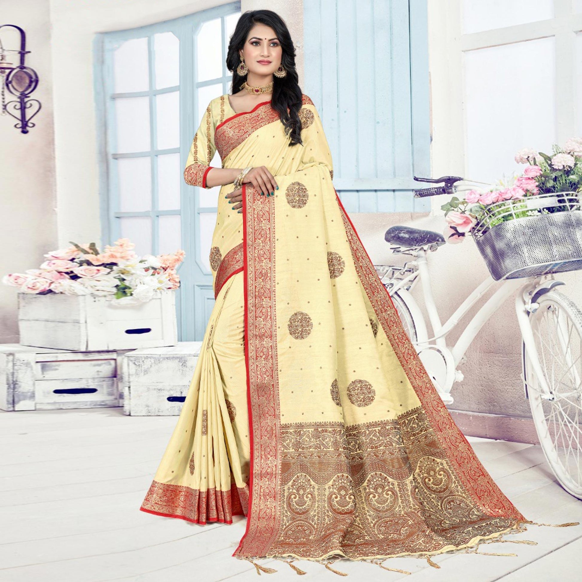 Light Yellow Woven Cotton Silk Saree With Tassels