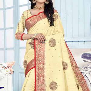 Light Yellow Woven Cotton Silk Saree With Tassels