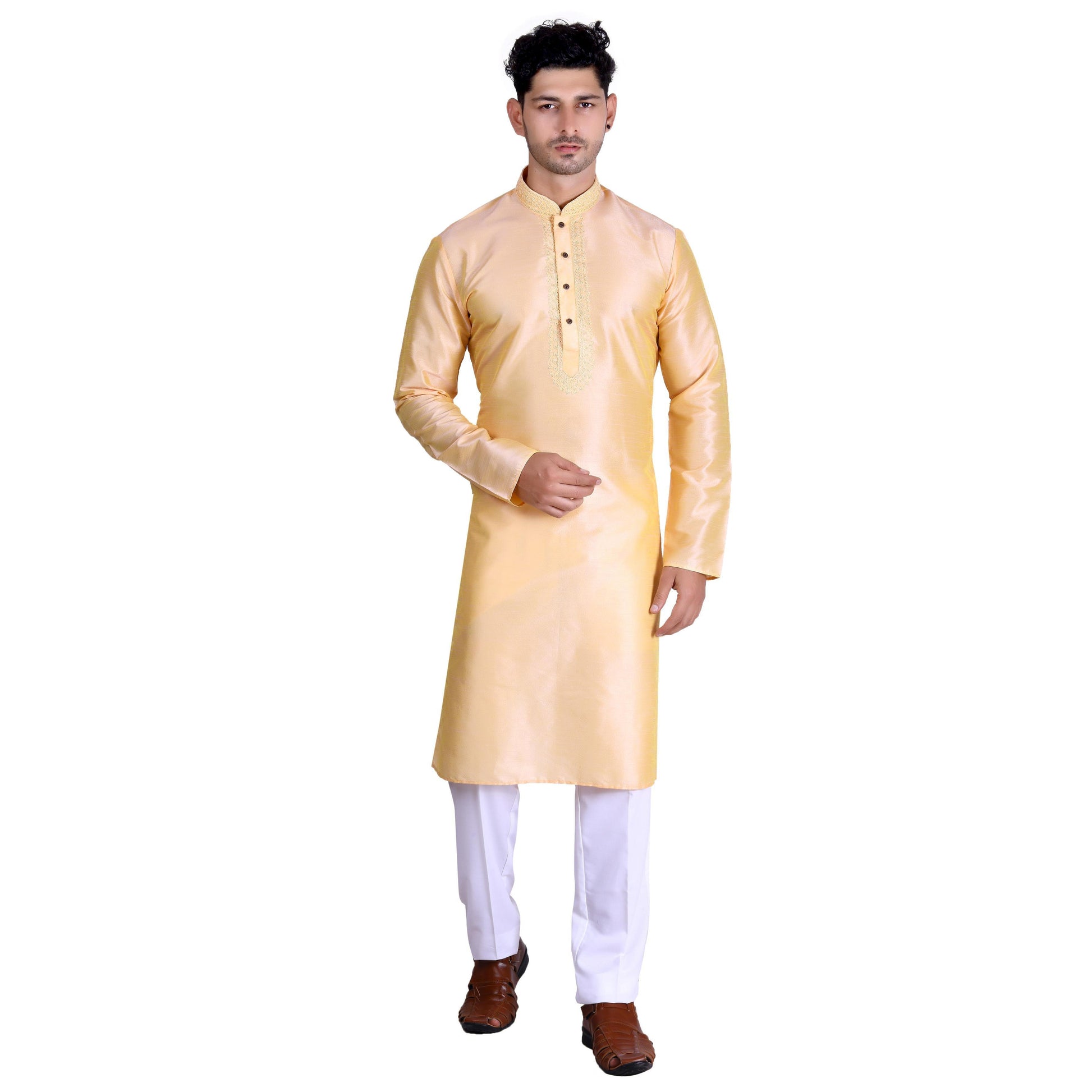 Light Yellow Woven With Embroidered Art Silk Men's Kurta Pyjama Set