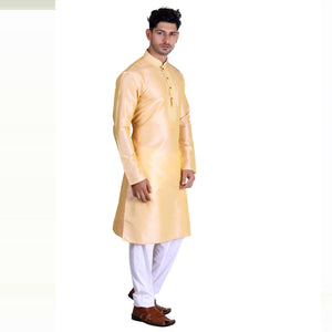 Light Yellow Woven With Embroidered Art Silk Men's Kurta Pyjama Set