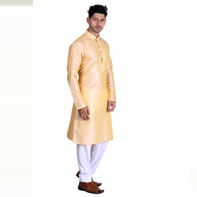 Light Yellow Woven With Embroidered Art Silk Men's Kurta Pyjama Set