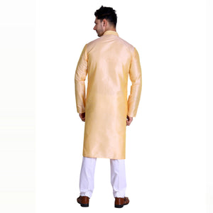 Light Yellow Woven With Embroidered Art Silk Men's Kurta Pyjama Set