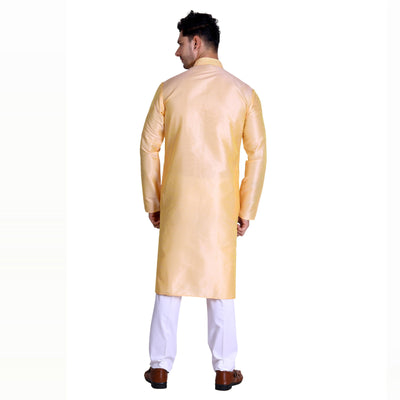 Light Yellow Woven With Embroidered Art Silk Men's Kurta Pyjama Set