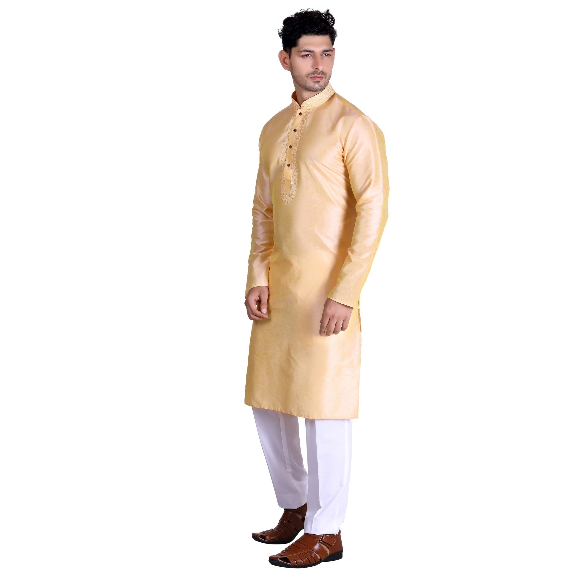 Light Yellow Woven With Embroidered Art Silk Men's Kurta Pyjama Set