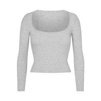 Skims Cotton Jersey Scoop Neck Long Sleeve Top Light Heather Grey