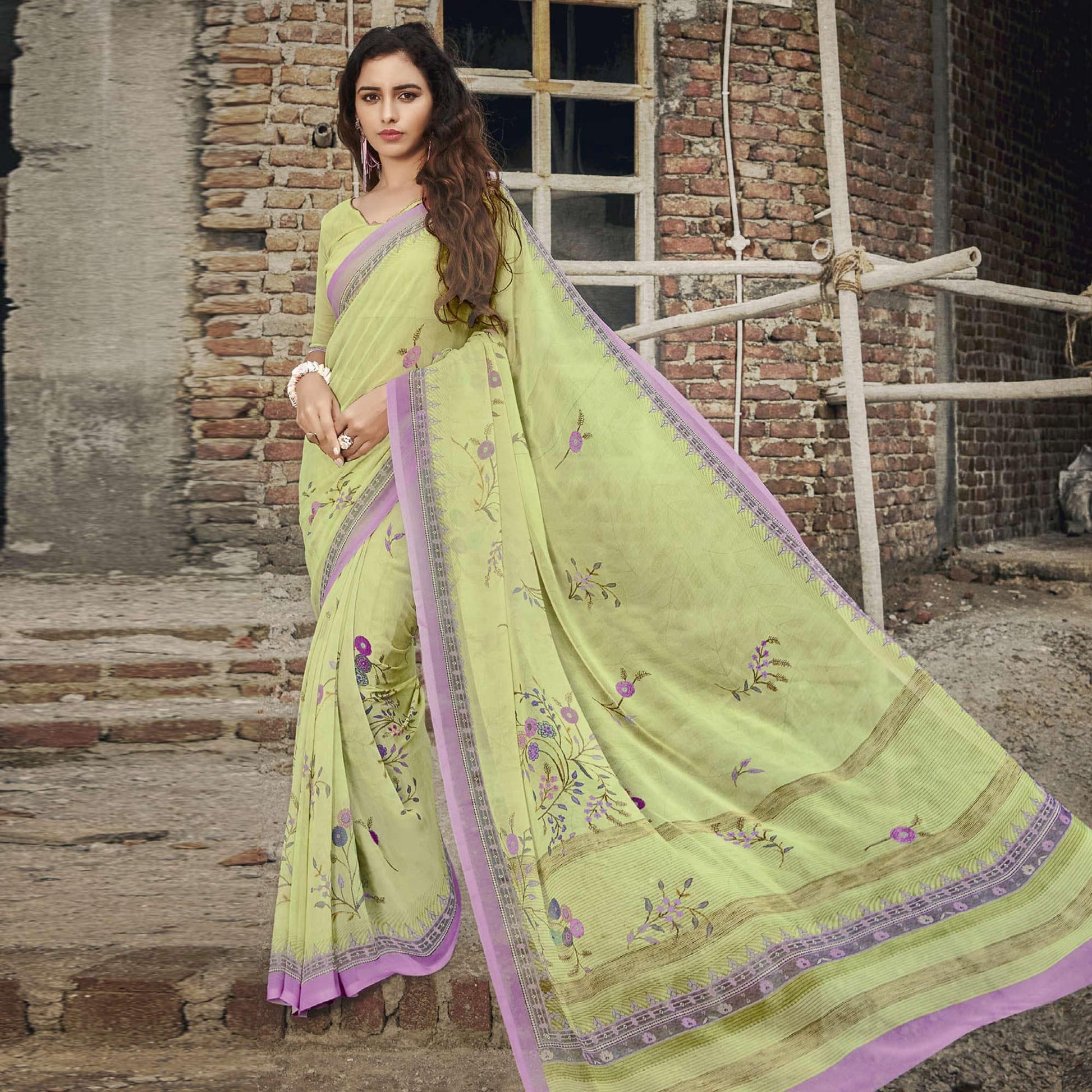Lime Green Casual Wear Floral Printed Georgette Saree