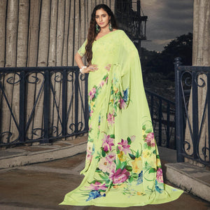 Lime Green Casual Wear Floral Printed Georgette Saree
