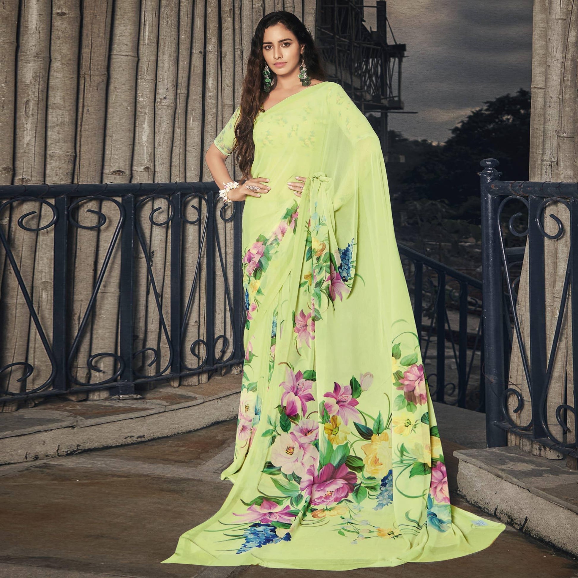 Lime Green Casual Wear Floral Printed Georgette Saree