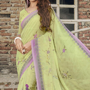 Lime Green Casual Wear Floral Printed Georgette Saree