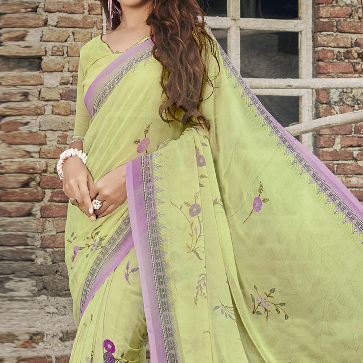 Lime Green Casual Wear Floral Printed Georgette Saree