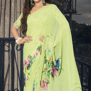 Lime Green Casual Wear Floral Printed Georgette Saree