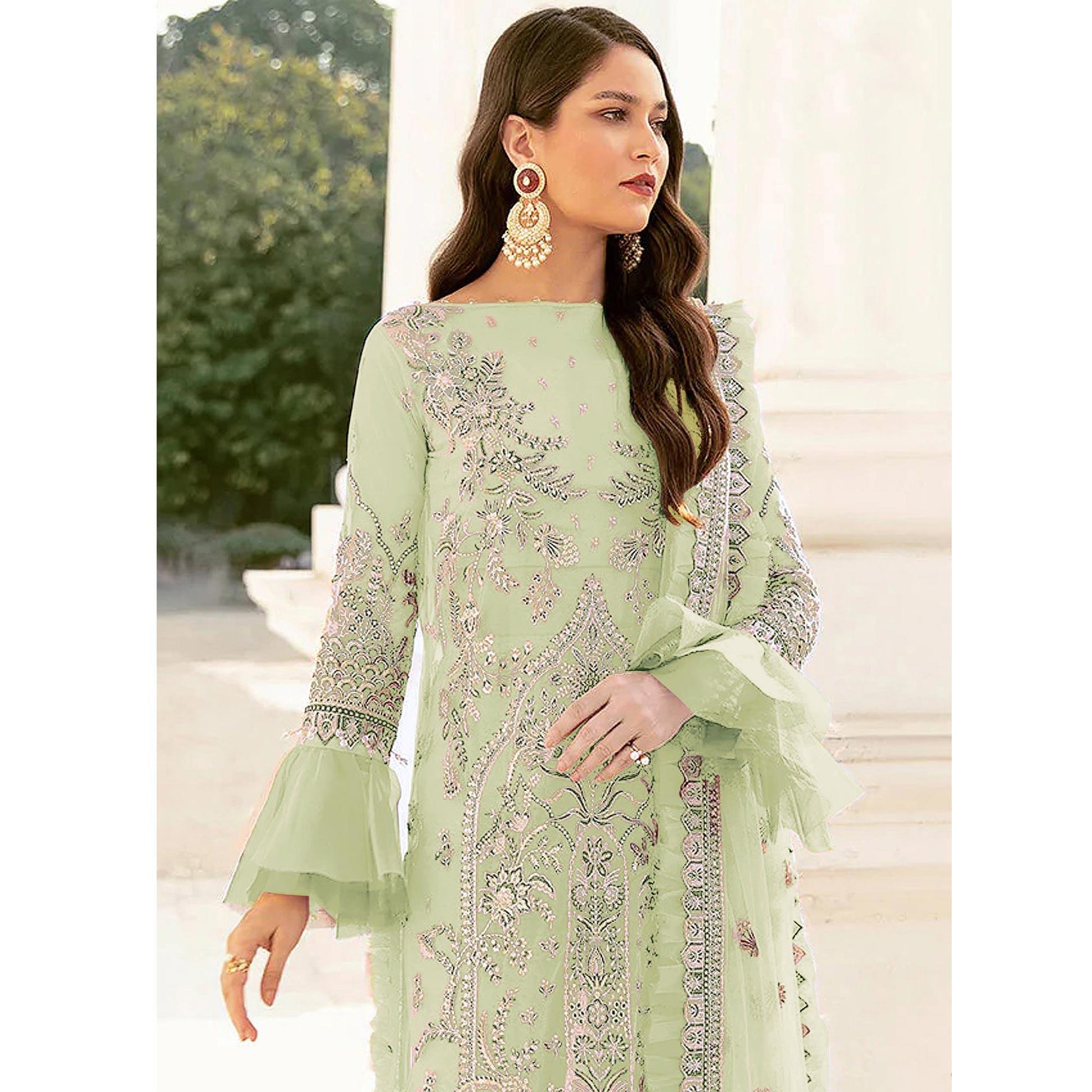 Lime Green Embroidered Netted Pakistani Suit