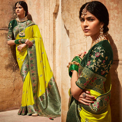 Lime Green Festive Wear Woven-Embroidered Silk Saree