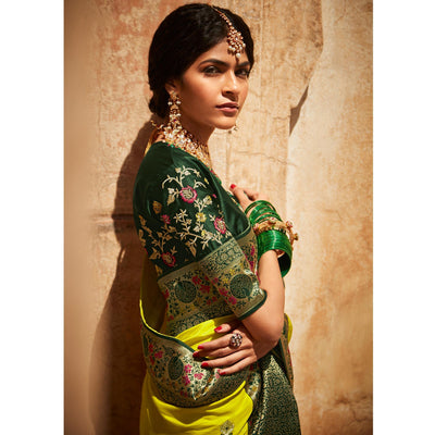 Lime Green Festive Wear Woven-Embroidered Silk Saree