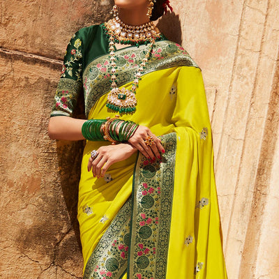 Lime Green Festive Wear Woven-Embroidered Silk Saree