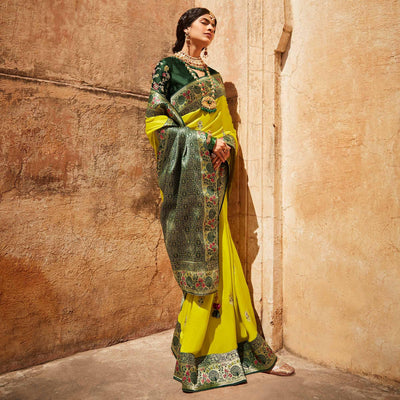 Lime Green Festive Wear Woven-Embroidered Silk Saree