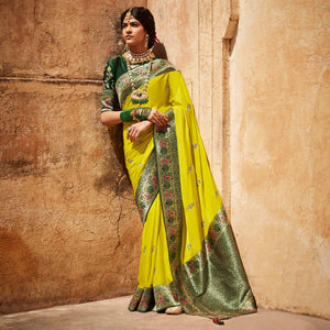 Lime Green Festive Wear Woven-Embroidered Silk Saree