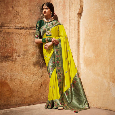 Lime Green Festive Wear Woven-Embroidered Silk Saree