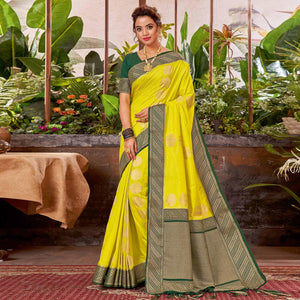 Lime Green Festive Wear Woven Silk Saree With Tassels