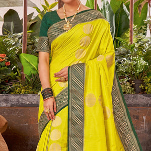Lime Green Festive Wear Woven Silk Saree With Tassels
