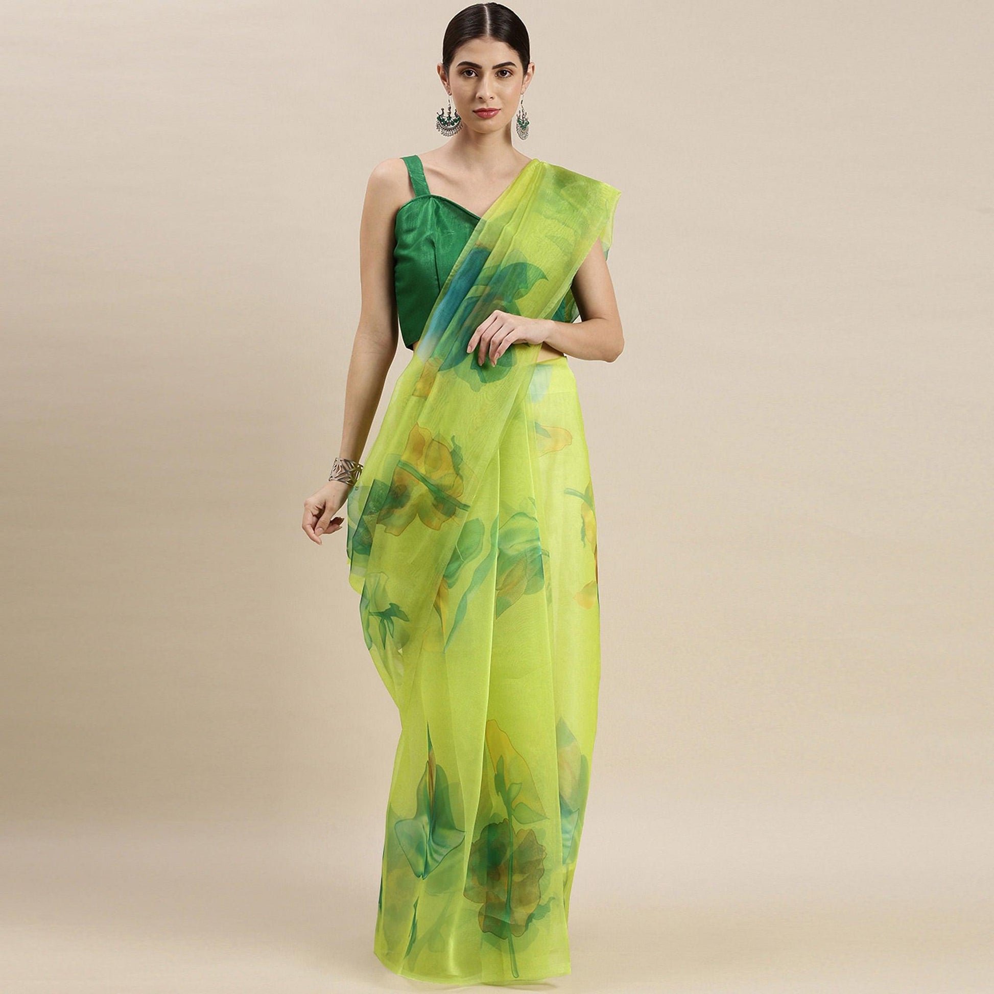 Lime Green Partywear Printed Organza Saree