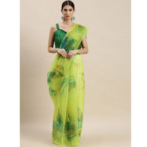 Lime Green Partywear Printed Organza Saree