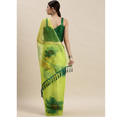 Lime Green Partywear Printed Organza Saree