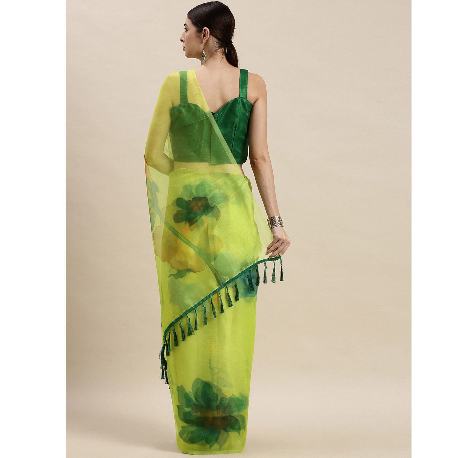 Lime Green Partywear Printed Organza Saree