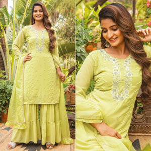 Lime Green Partywear Resham With Cutdana & Embellished Georgette Sharara Suit