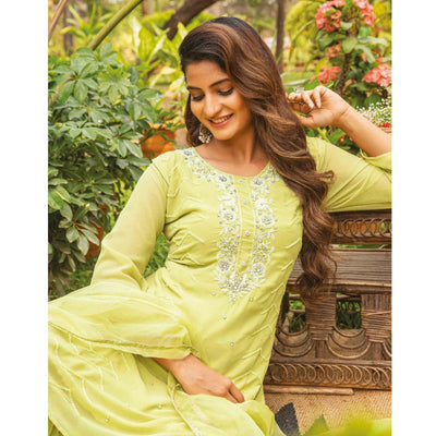 Lime Green Partywear Resham With Cutdana & Embellished Georgette Sharara Suit