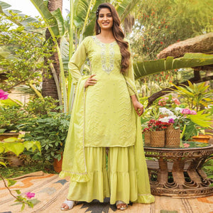 Lime Green Partywear Resham With Cutdana & Embellished Georgette Sharara Suit