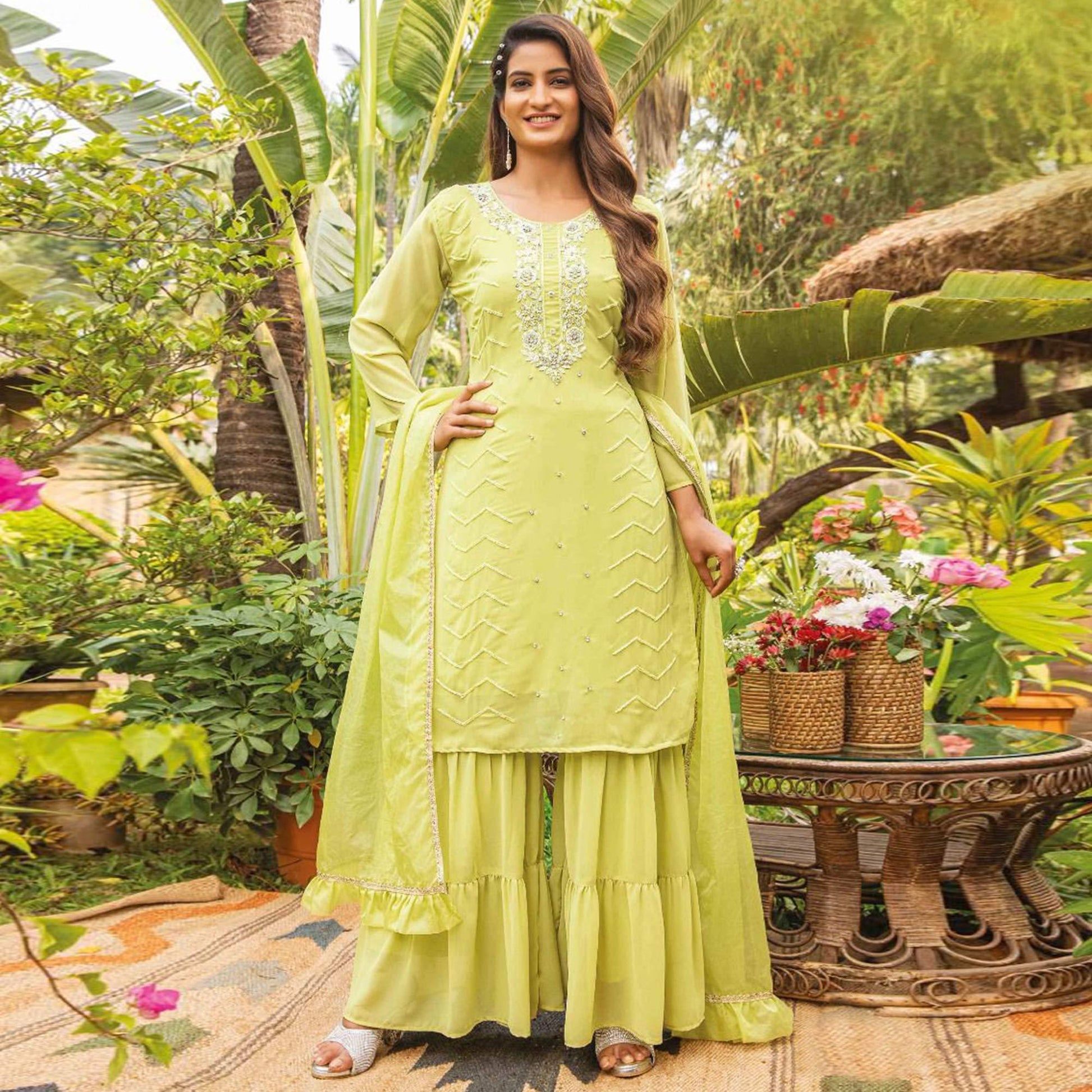 Lime Green Partywear Resham With Cutdana & Embellished Georgette Sharara Suit
