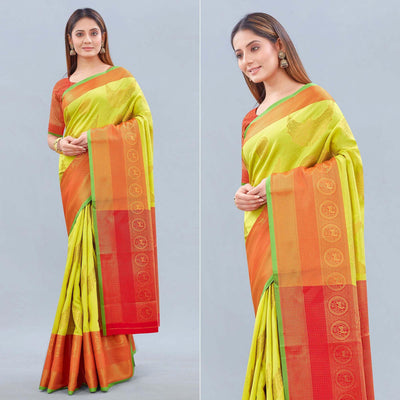 Lime Green Woven Banarasi Silk Saree