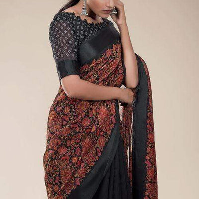 Black Russian Printed Linen Saree