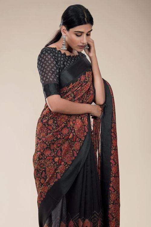 Black Russian Printed Linen Saree