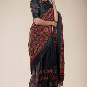 Black Russian Printed Linen Saree