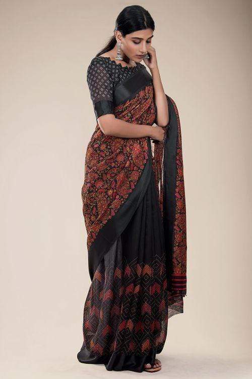 Black Russian Printed Linen Saree
