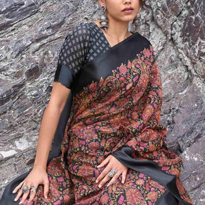 Jade Black Floral Printed Linen Saree