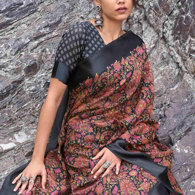 Jade Black Floral Printed Linen Saree