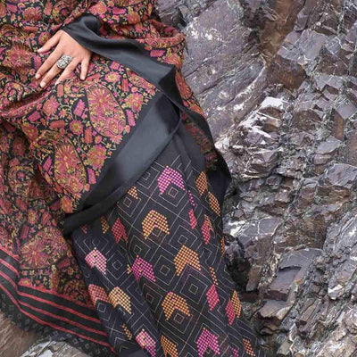 Jade Black Floral Printed Linen Saree