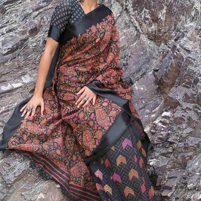 Jade Black Floral Printed Linen Saree