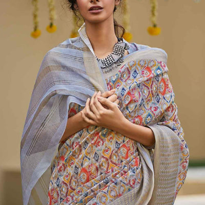 Multicolor Digital Printed Linen Saree